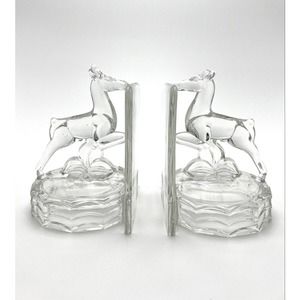 Glass Deer Gazelle Horse Glass Bookend Set 2 Vintage Art Deco 1930’s Rare